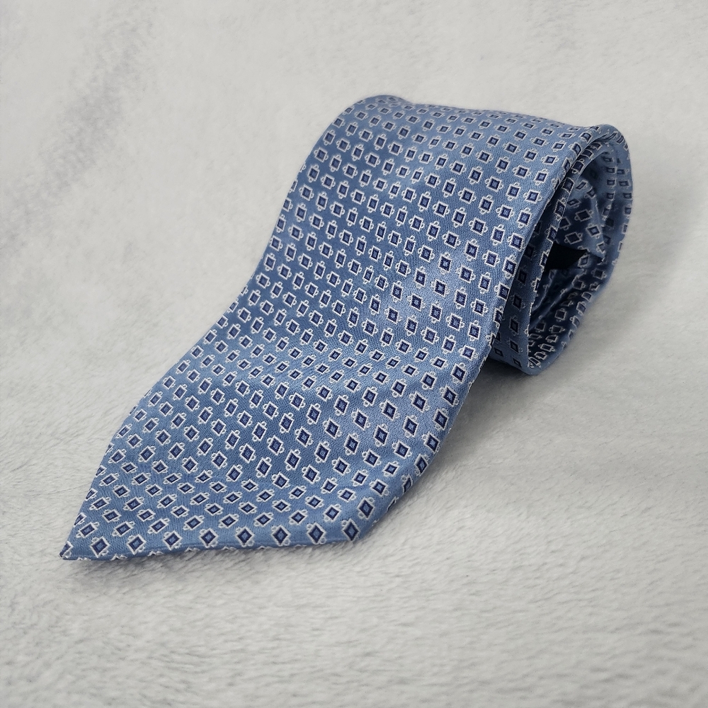 ERMENEGILDO ZEGNA Light Blue Patterned Silk Tie Made in Italy 59" Long Preppy‎